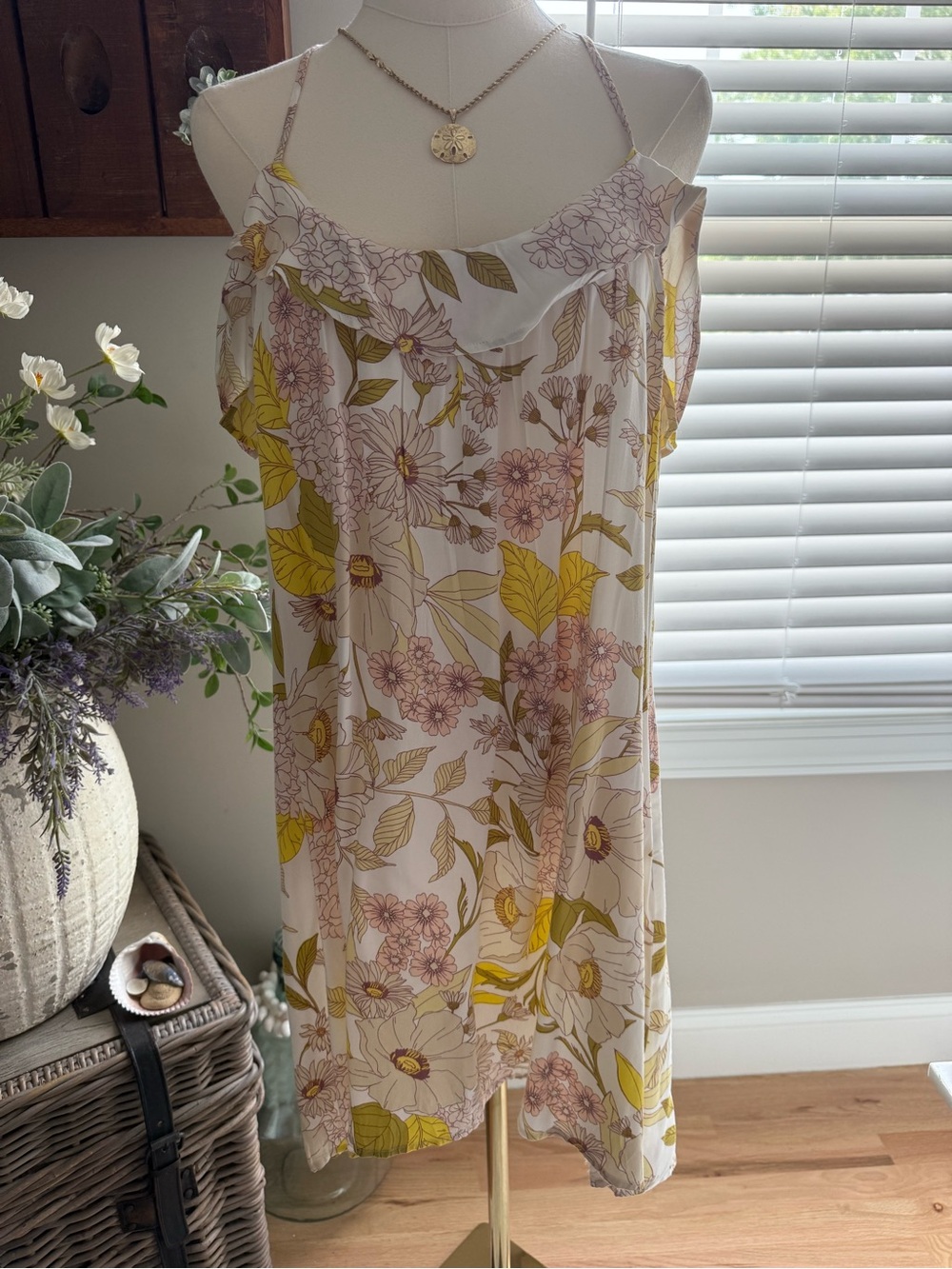 Volcom Floral Ruffle Slip Dress in White, Yellow, Blush